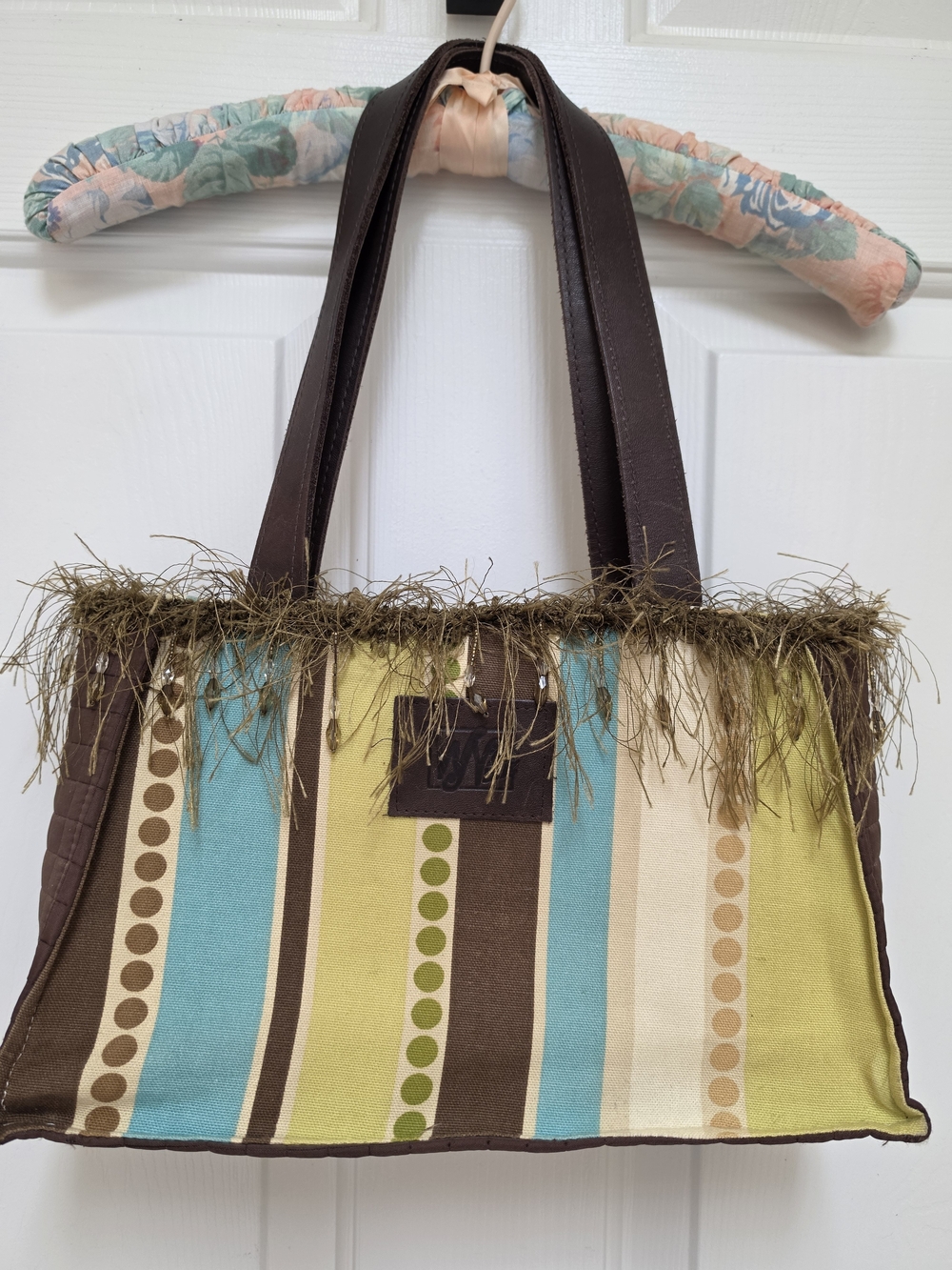 Vintage WN Zaz Bag in Aqua, Lime & Brown With Beaded Fringe Trim